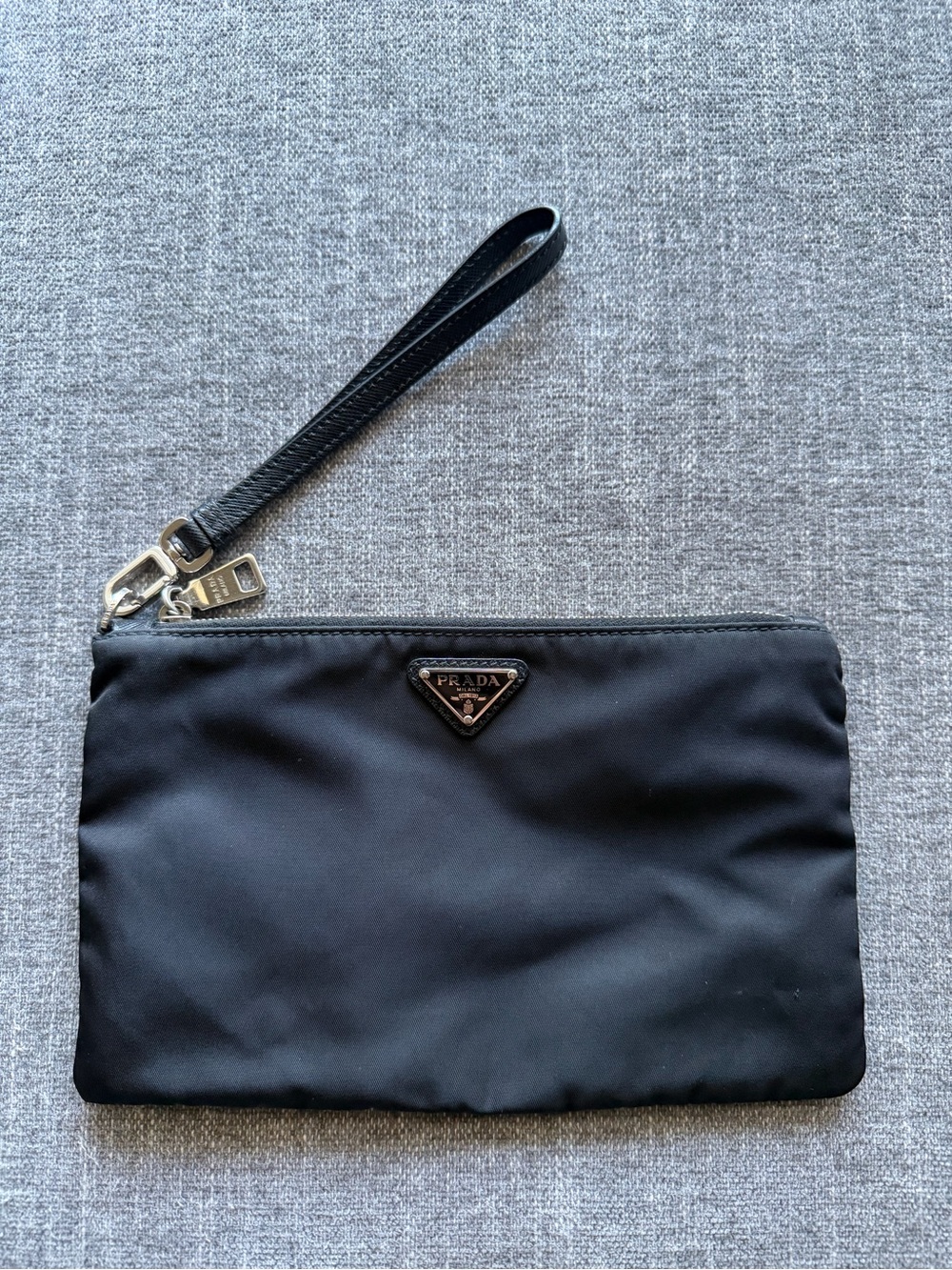 Prada Black Nylon Wristlet Clutch with Leather Strap